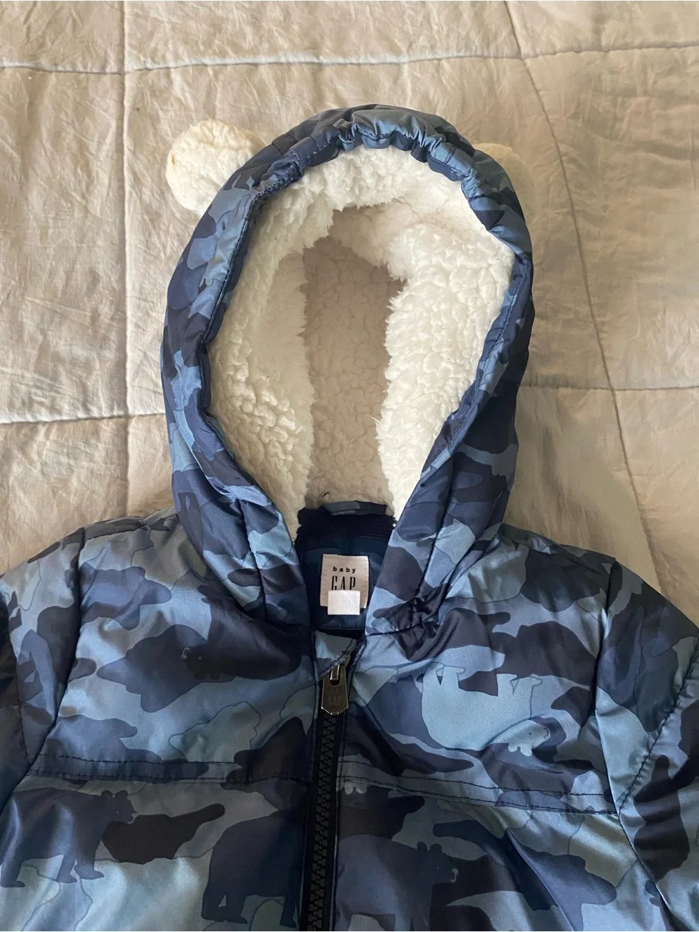 GAP Blue Camouflage Puffer Jacket with Hood